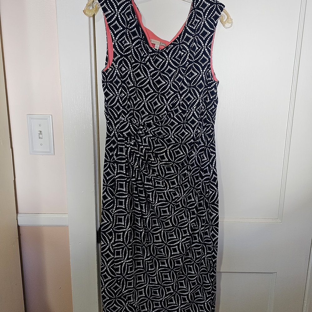 dressbarn Navy and White Patterned Midi Dress with Pink Highlights